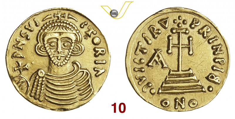 BENEVENTO ARICHI II, Principe (774-787) Solido D/ Busto frontale con globo cruci...