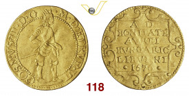 LIVORNO COSIMO III DE' MEDICI (1670-1723) Ongaro 1676 D/ Il Duca in armatura R/ Scritta entro cartella MIR 72/3 Au g 3,44 MB/BB