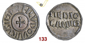 MILANO LUDOVICO I il Pio (814-840) Denaro s.d. D/ Croce R/ MEDIOLANVM su due righe MIR 6 CNI 12/25 Ag g 1,92 • Bellissima patina di medagliere SPL