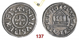 MILANO CARLO IL CALVO (843-877) Denaro s.d. D/ Croce con globetti R/ Tempio CNI 1 Ag g 1,42 BB/SPL