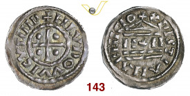 MILANO LUDOVICO II (855-875) Denaro di stampo largo s.d. D/ Croce con globetti R/ Tempio MIR 10 CNI 1/4 Ag g 1,78 • Bella patina SPL