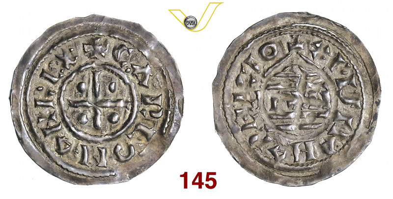 MILANO CARLOMANNO (877-879) Denaro di stampo largo s.d. D/ Croce con globetti R/...