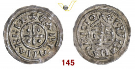 MILANO CARLOMANNO (877-879) Denaro di stampo largo s.d. D/ Croce con globetti R/ Tempio MIR 12 CNI 1/11 Ag g 1,51 buon BB