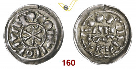 MILANO RODOLFO II di Borgogna (922-926) Denaro scodellato s.d. D/ Cristogramma R/ MED OLA e legenda circolare MIR 28 CNI 1/10 Ag g 1,35 q.SPL