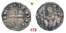 MILANO PRIMA REPUBBLICA (1250-1310) Ambrosino o Grosso da 8 Denari s.d. D/ Croce R/ S. Ambrogio seduto con pastorale MIR 65/1 CNI 1/2 Ag g 2,84 BB