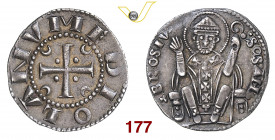 MILANO PRIMA REPUBBLICA (1250-1310) Ambrosino o Grosso da 8 Denari s.d. D/ Croce con globetti e crescenti nei quarti R/ S. Ambrogio seduto con pastora...