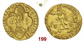 MILANO GIAN GALEAZZO VISCONTI (1395-1402) Fiorino s.d. D/ Il Duca a cavallo con spada sguainata R/ Scudo inclinato sormontato da elmo con cimiero del ...