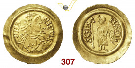 § PAVIA ARIPERTO II (700-712) Tremisse D/ Busto diademato; nel campo M (o H ?) R/ San Michele con lunga croce MEC 321 v. Au g 1,29 • Moneta non esport...