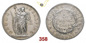 TORINO REPUBBLICA SUBALPINA (1800-1802) 5 Franchi An. 9 (1800-1801) Pagani 5 Au g 24,94 • Ex Varesi 55 "Collezione Demicheli" del 2010, lotto 985 SPL...