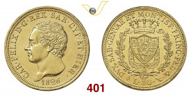 CARLO FELICE (1821-1831) 80 Lire 1826 Torino Pagani 28 Au g 25,77 • Esemplare di ottima qualità, con fondi brillanti SPL