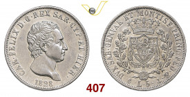 CARLO FELICE (1821-1831) 5 Lire 1828 Genova Pagani 74 MIR 1035l Ag g 24,92 • Colpetto q.SPL