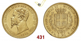 VITTORIO EMANUELE II, Re di Sardegna (1849-1861) 20 Lire 1855 Genova Pagani 346 MIR 1055k Au g 6,45 SPL/q.FDC