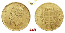 VITTORIO EMANUELE II, Re d'Italia (1861-1878) 5 Lire 1865 Torino Pagani 459 Au g 1,58 • Rilievi SPL+ ma leggeri hairlines