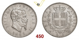 VITTORIO EMANUELE II (1861-1878) 5 Lire 1865 Napoli Pagani 486 Ag g 25,00 SPL/FDC