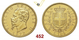 VITTORIO EMANUELE II (1861-1878) 100 Lire 1872 Roma Pagani 452 Au g 32,21 • Solo 661 pezzi coniati; esemplare di ottima qualità, superiore alla media,...