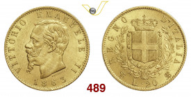 VITTORIO EMANUELE II Re d'Italia (1861-1878) 20 Lire 1863 Torino Varesi 100 Au g 6,44 SPL