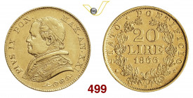 PIO IX (1846-1878) 20 Lire "busto piccolo" 1866 XXI Roma Varesi 173 Au g 6,41 • Hairlines SPL