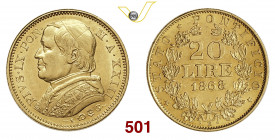 PIO IX (1846-1878) 20 Lire "busto grande" 1868 XXIII Roma Varesi 178 Au g 6,44 SPL/q.FDC