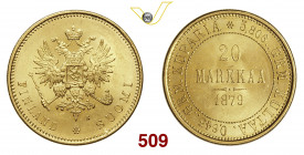 FINLANDIA ALESSANDRO II (1855-1881) 20 Markkaa 1879 Helsinki Varesi 244 Au g 6,44 q.FDC