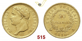 FRANCIA NAPOLEONE I (1805-1814) 20 Franchi 1810 Parigi Varesi 289 Au g 6,42 BB÷SPL