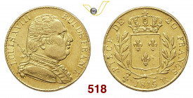 FRANCIA LUIGI XVIII (1814-1824) 20 Franchi 1815 Londra Varesi 339 Au g 6,44 • Moneta coniata durante l'esilio; difetto del tondello dietro al busto de...