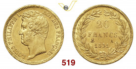 FRANCIA LUIGI FILIPPO (1830-1848) 20 Franchi 1831 Parigi Varesi 395 Au g 6,42 • Taglio in incuso SPL