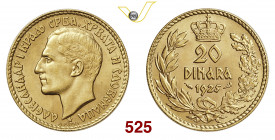 JUGOSLAVIA ALESSANDRO I (1921-1934) 20 Dinari 1925 Parigi Varesi 556 Au g 6,44 q.FDC