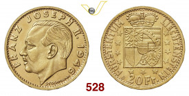 LIECHTENSTEIN FRANCESCO GIUSEPPE II (1938-1990) 20 franchi 1946 Berna Varesi 562 Au g 6,45 FDC