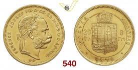UNGHERIA FRANCESCO GIUSEPPE I (1848-1916) 8 Fiorini o 20 Franchi 1878 Vienna Varesi 736 Au g 6,44 SPL÷FDC