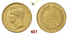 FRANCIA LUIGI FILIPPO (1830-1848) 20 Franchi 1831 Parigi Fb. 553 Gad. 1030 Au g 6,36 BB÷SPL