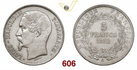 FRANCIA SECONDA REPUBBLICA (1848-1852) 5 Franchi 1852 Parigi Gad. 722 Ag g 25,02 SPL÷FDC