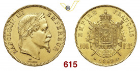 FRANCIA NAPOLEONE III (1852-1870) 100 Franchi 1869 Parigi Au g 32,23 • Colpetti q.SPL