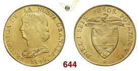 NUEVA GRANADA REPUBBLICA (1830-1858) 16 Pesos 1842 Bogotà Fb. 74 Kr. 94.1 Au g 27,07 • Piccola zona di lucidatura al D/, dietro la testa SPL/q.FDC