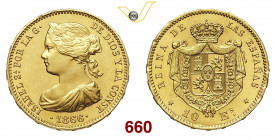 SPAGNA ISABELLA II (1833-1868) 10 Escudos 1866 Madrid Fb. 336 Au g 8,38 • Fondi speculari ! FDC