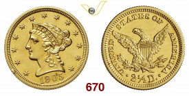 U.S.A. 2,5 Dollari 1905 Fb. 336 Au g 4,16 • Fondi speculari, "prooflike". Impercettibile colpetto q.FDC