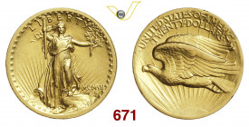 U.S.A. 20 Dollari "San Gaudenzio" 1907 ad alti rilievi e data in numeri romani Fb. 182 Au g 33,40 • Solo 11250 esemplari coniati; lievissimo colpetto ...