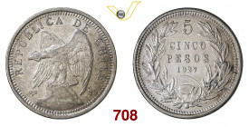 CILE REPUBBLICA 5 Pesos 1927 Santiago Kr. 173.1 Ag g 24,74 SPL