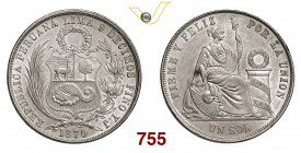 PERU' REPUBBLICA 1 Sol 1870 Lima Kr. 196.22 Ag g 24,95 SPL+