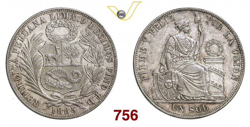 PERU' REPUBBLICA 1 Sol 1885 Lima Kr. 196.22 Ag g 25,00 SPL