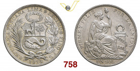 PERU' REPUBBLICA 1 Sol 1915 Lima Kr. 196.26 Ag g 25,02 SPL+