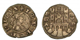 BERGAMO. Comune, a nome di Federico II (1194-1250). Denaro planeto, anni 1282-1290. Busto laureato a d. in cerchio perlinato; sulla destra, tre anelli...