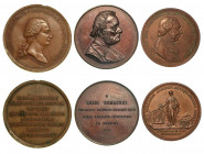 BERGAMO. Lotto di tre medaglie. Mario Lupi (umanista e storico), 1720-1789. Medaglia in bronzo 1785. Riconio. Busto a d. R/ Il Lupi stante presenta un...