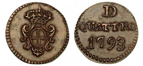 GENOVA. Dogi biennali, 1528-1797. Da 4 denari 1793. Stemma coronato. R/ Legenda e data in tre righe. CNI 31. Lunardi 359 (nota). MIR 360/1. Rame. g. 1...