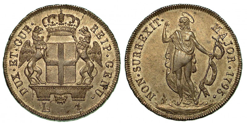 GENOVA. Dogi biennali, 1528-1797. Da 4 lire 1795. Stemma coronato sorretto da du...