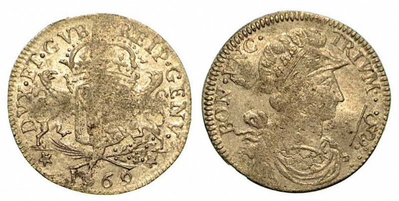 MONETAZIONE PER IL LEVANTE. Ligurino o Luigino 1669. Stemma coronato sorretto da...