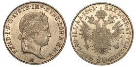 MILANO. Ferdinando I, 1835-1848. 20 Kreuzer 1843. Testa laureata a d. R/ Aquila bicipite coronata con stemma d'Austria. Crippa 10/e. Gig. 126. Arg. g....