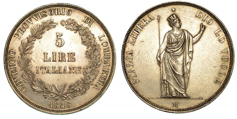 MILANO. Governo Provvisorio di Lombardia, 1848. 5 Lire 1848. Valore fra rami di ...