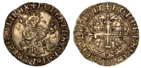 NAPOLI. Roberto d'Angiò, 1309-1343. Gigliato. Il re coronato, seduto di fronte fra due leoni, regge globo crucigero. R/ Croce gigliata cantonata da qu...
