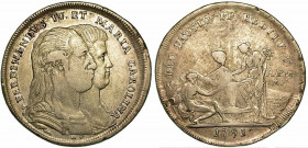 NAPOLI. Ferdinando IV di Borbone, 1759-1799 (primo periodo). 120 Grana 1791. Busti accollati della coppia reale Ferdinando e Maria Carolina a d. R/ Se...