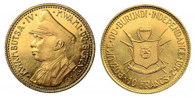 AFRICA. BURUNDI. Mwambutsa IV, 1962-1966. 10 Francs 1962. Per l'indipendenza del Burundi. Busto a s. R/ Stemma. KM# 2. Oro. g. 3,19. q.FDC